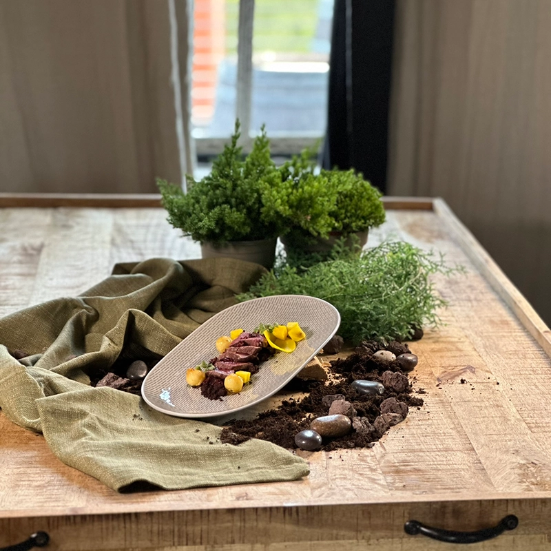 Ein rechteckiger Tisch mit Teller, darauf Fleisch und Kürbis, daneben Erde und Pflanzen in Töpfen, im Hintergrund Fenster.
