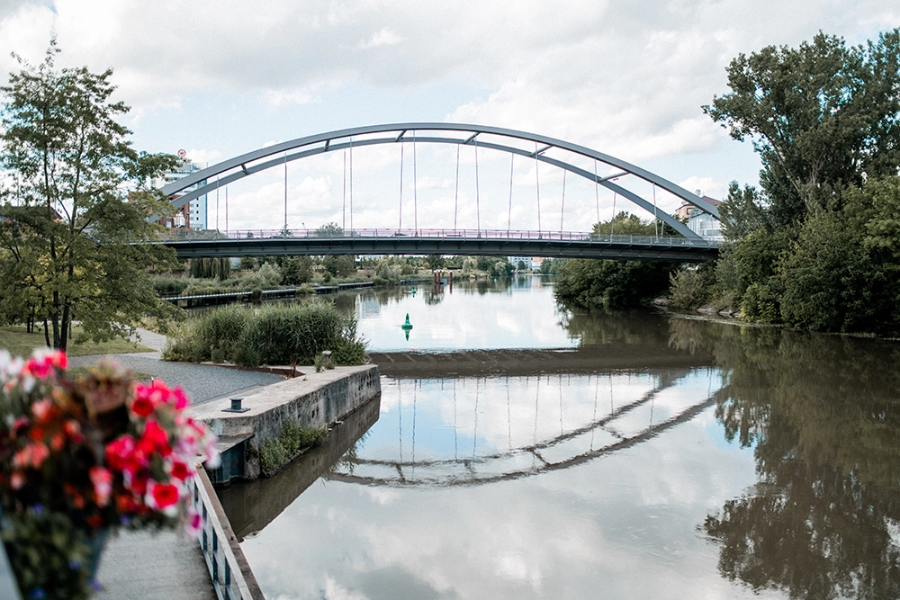 Neckargarten-Neckar2 Brücke über einem Fluss bei bewölktem Himmel, umgeben von Bäumen, mit Blumen im Vordergrund links.