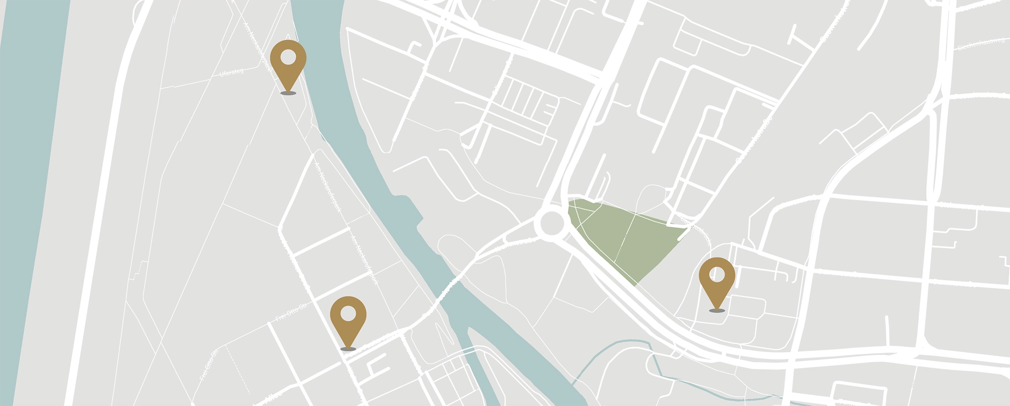 VOLTINO-Maps Kartenausschnitt mit Fluss, Straßenkreuzungen, einem Kreisverkehr und drei markierten Standorten.