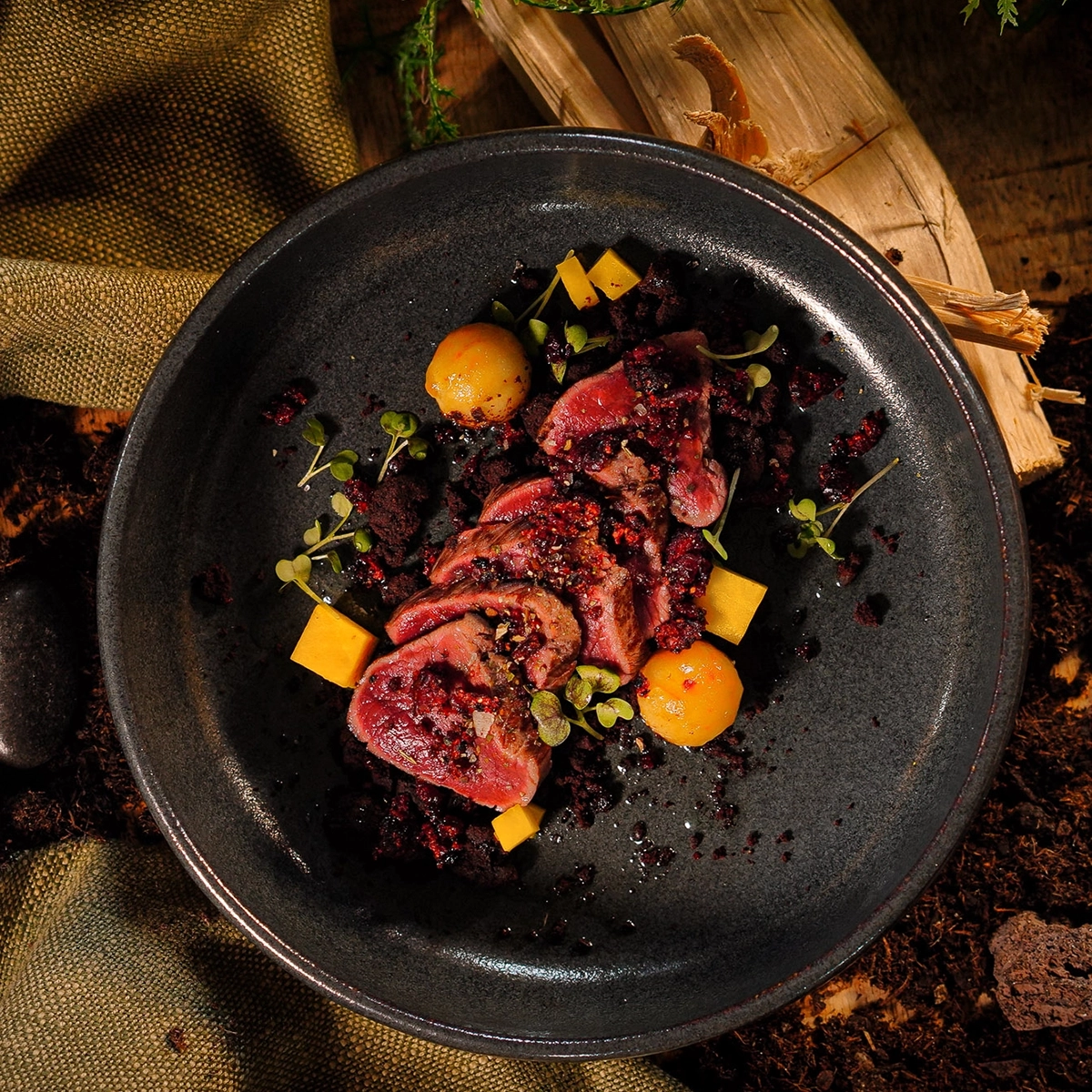 DSC09527 Gourmetgericht mit zartem Fleisch, Kürbiswürfeln und Microgreens auf schwarzem Teller, rustikaler Holzuntergrund.