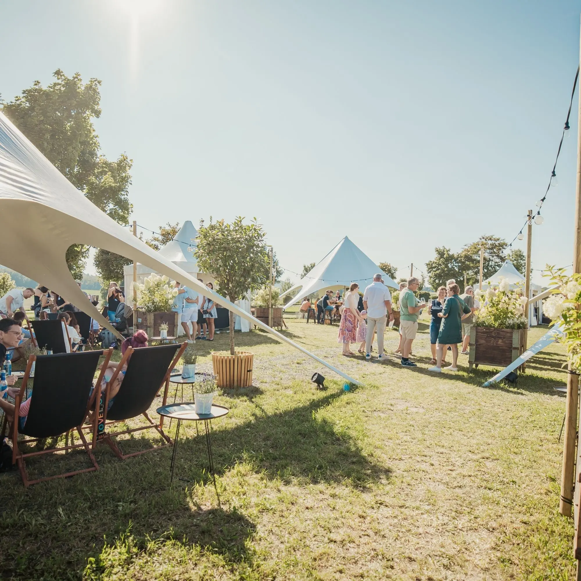 Menschen bei einem Sommerfest mit Zelten und Gartenmöbeln im Freien bei Sonnenschein.
