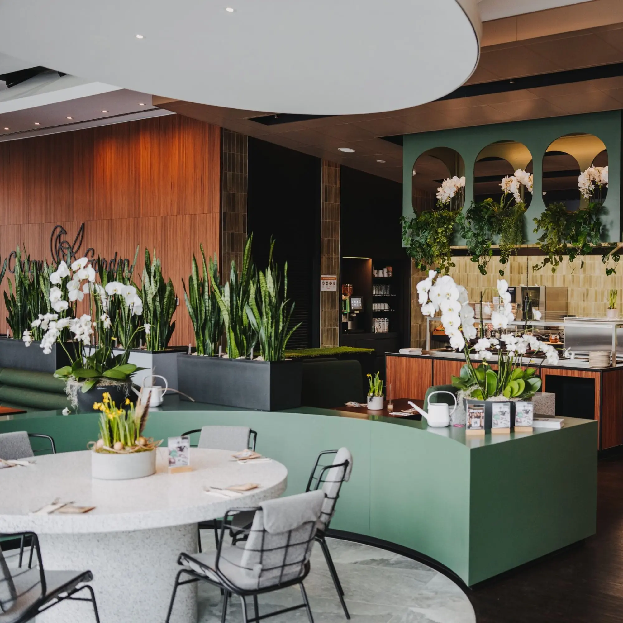 Moderne Café-Innenansicht mit runden Tischen, grünen Pflanzen, stilvollen Stühlen vor einer mit Holz verkleideten Wand.