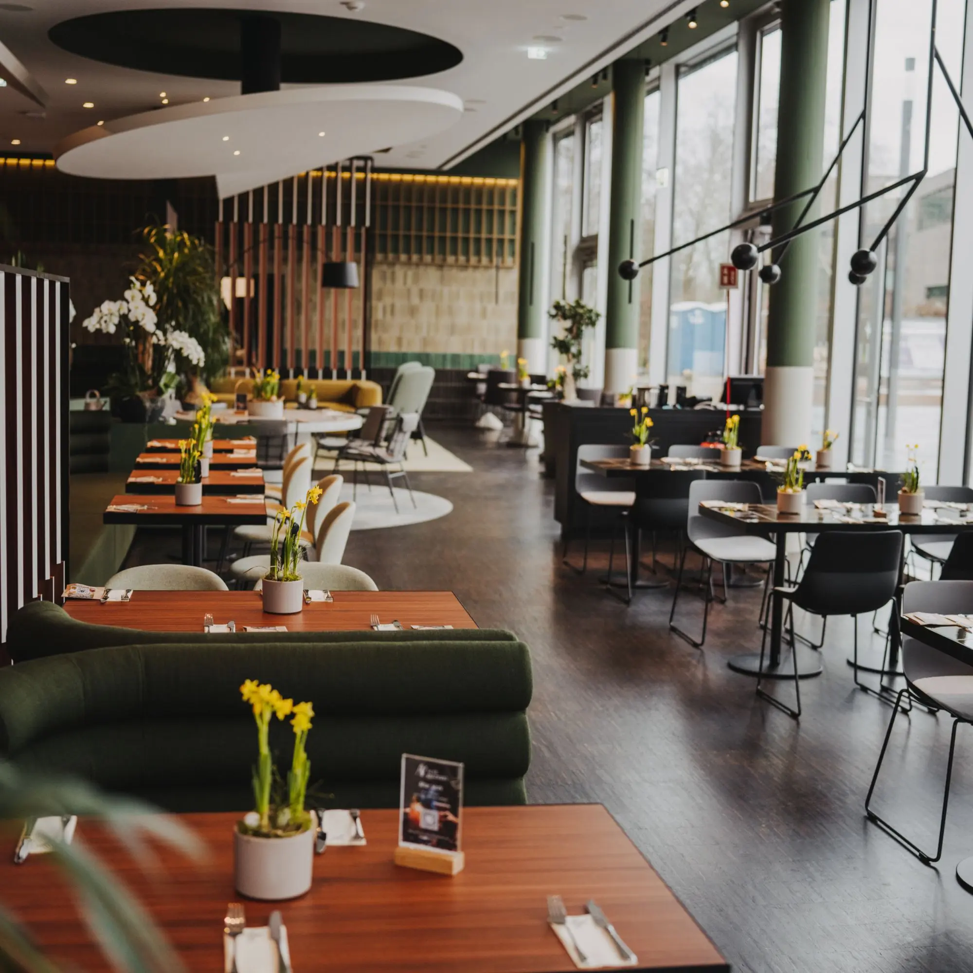 Modernes Restaurant mit großen Fenstern, gedeckten Tischen, grünen Sofas und Frühlingsdekoration mit gelben Blumen.