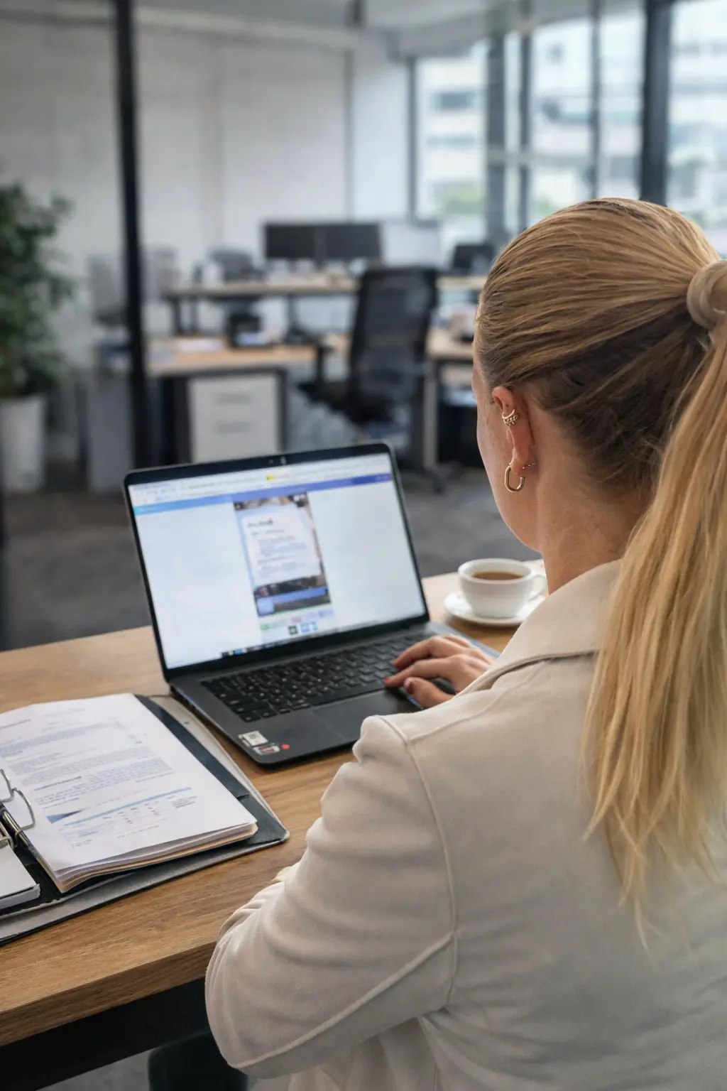 Frau arbeitet am Laptop in einem modernen Büro, mit offenen Dokumenten und einer Tasse Kaffee auf dem Schreibtisch.